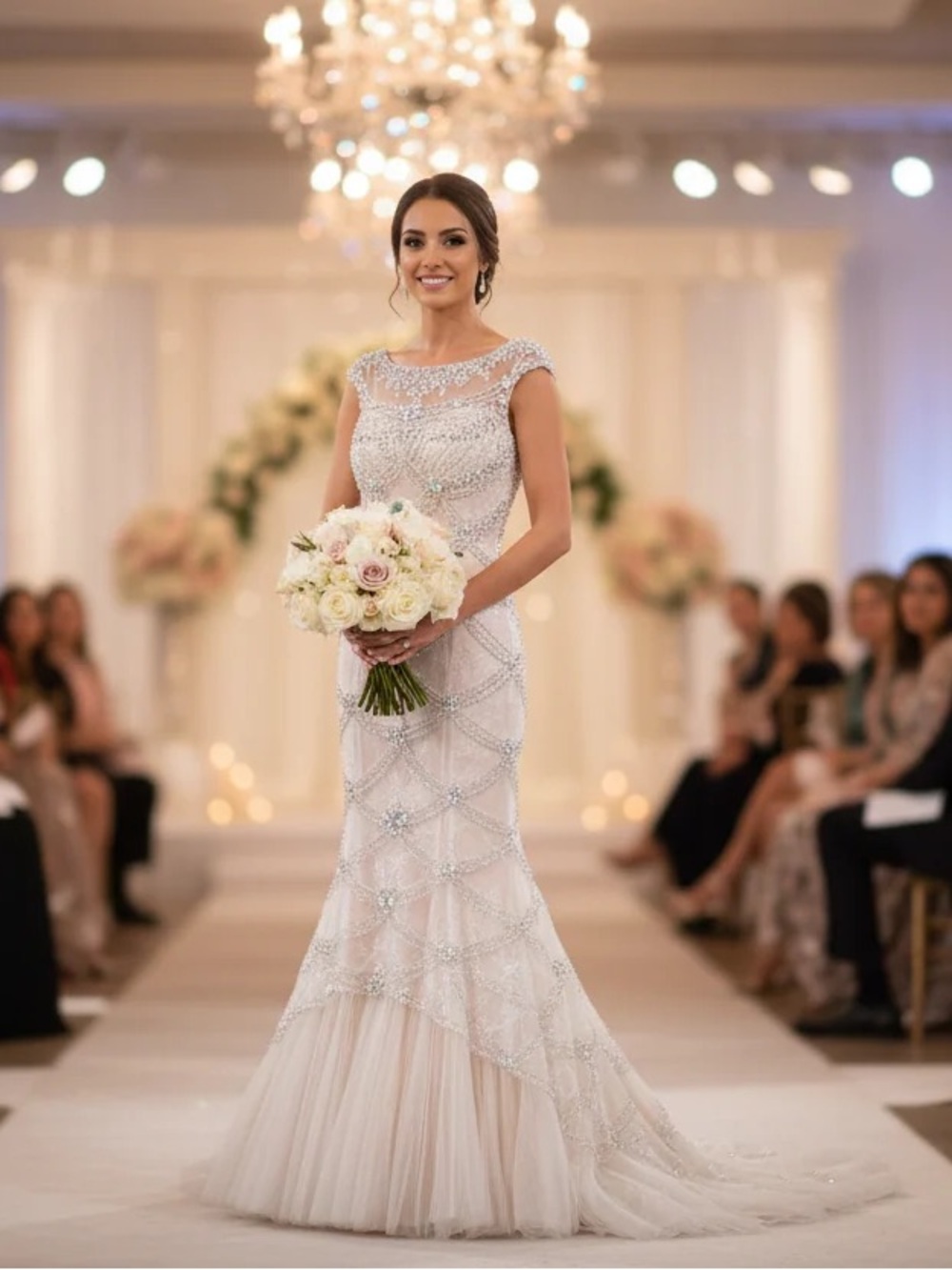 Sherri Hill Ivory Beaded Cap-Sleeve Mermaid Wedding Gown